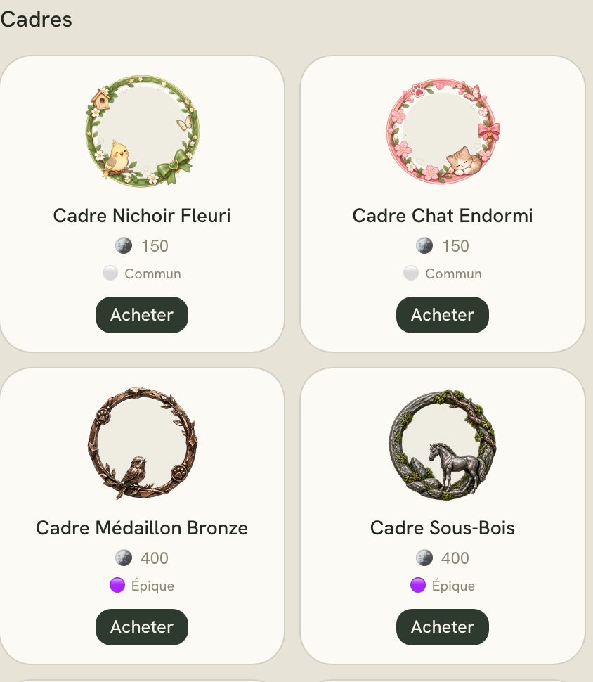 Boutique de cadres de profil illustrés (nichoir fleuri, chat endormi, médaillon doré...) à débloquer avec les pièces gagnées sur l'app.